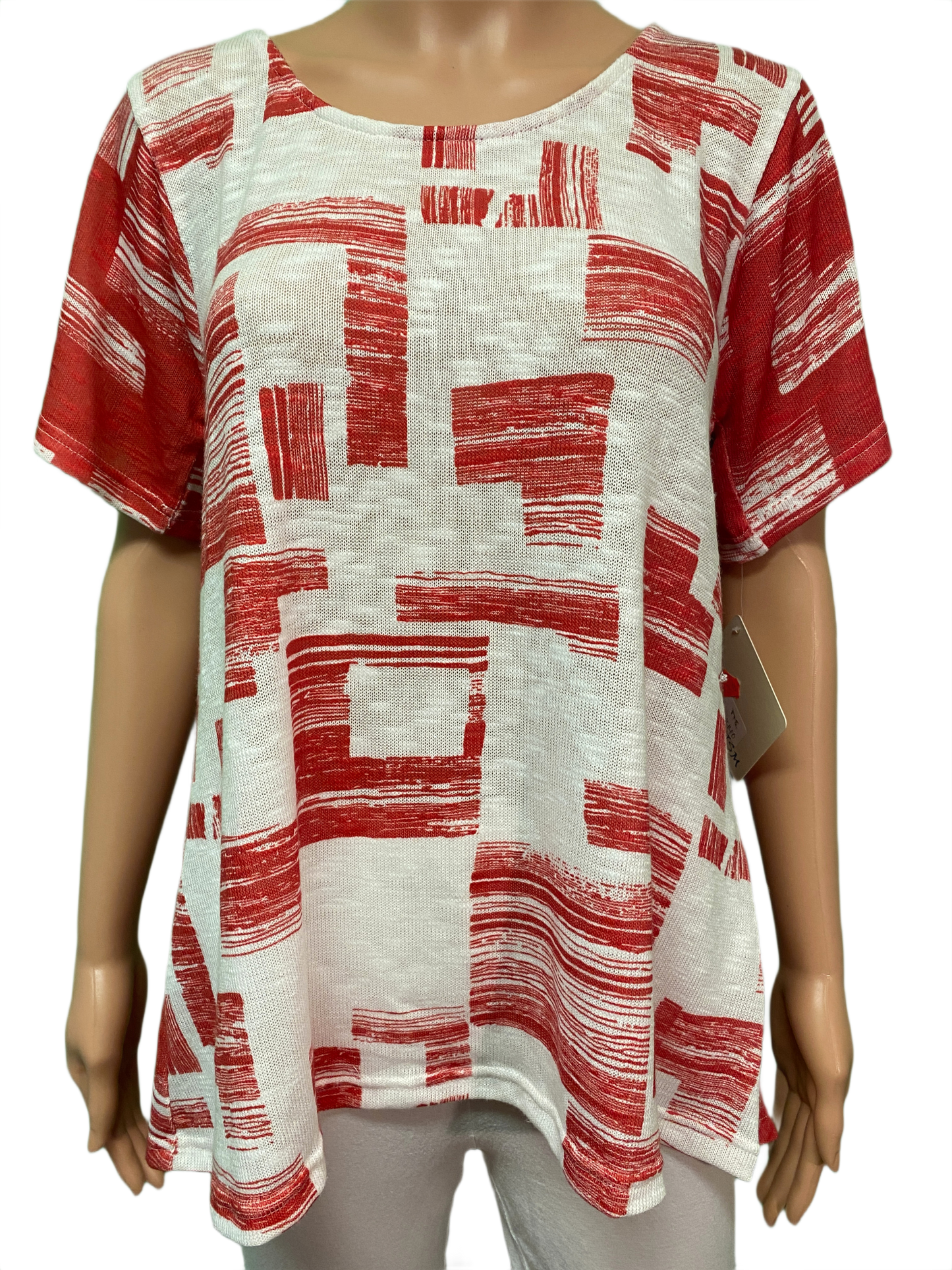 * Knit Shortsleeve Squares Tunic Keyhole - Cubism Top