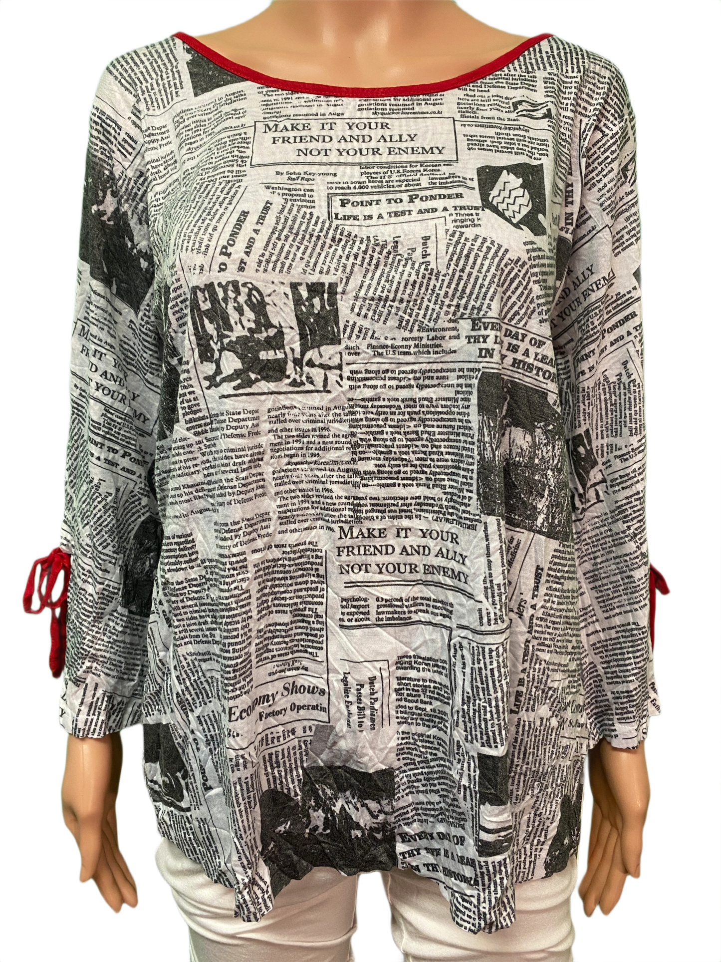 * Newsprint Ribbon Tie Sleeve - Cubism Top
