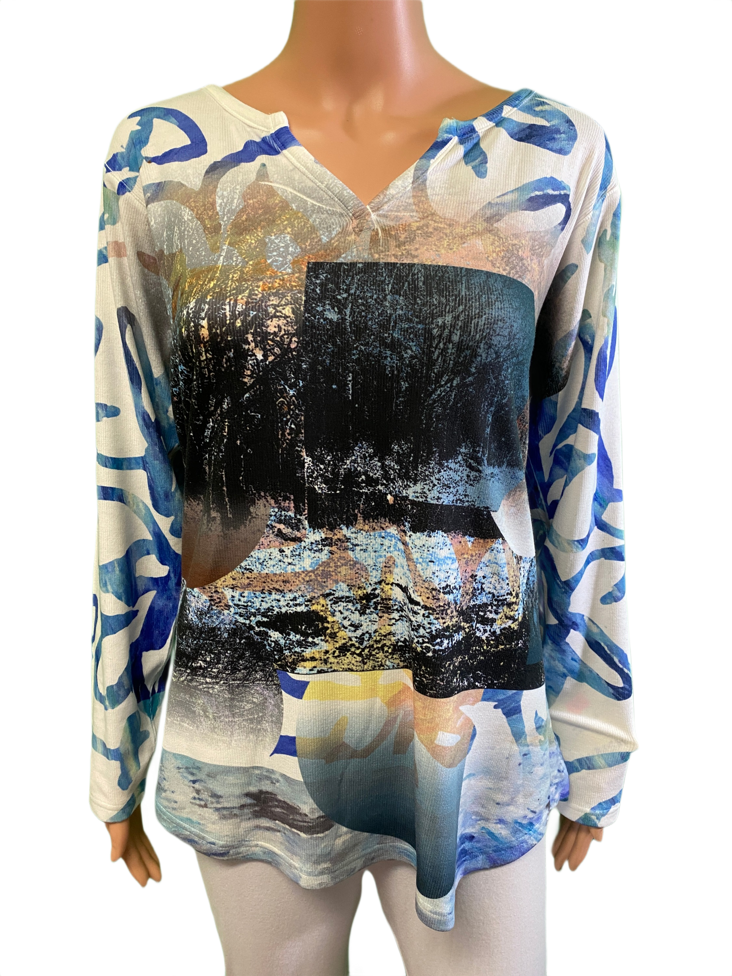 * Abstract Slit V-Nk W/Blue Swirl - Cubism Top