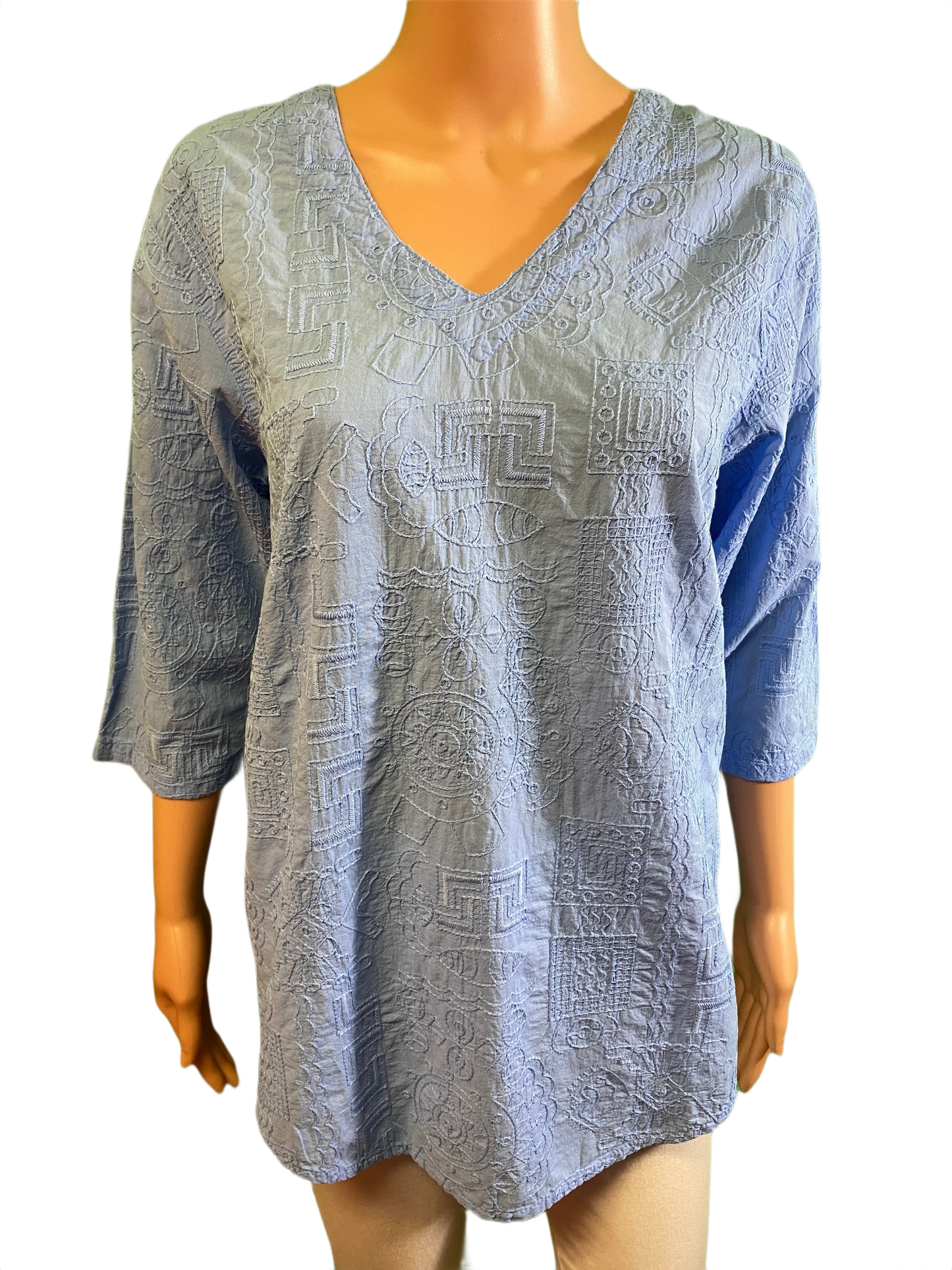 * Embroidered Tapa V-Neck - Sea Breeze Top
