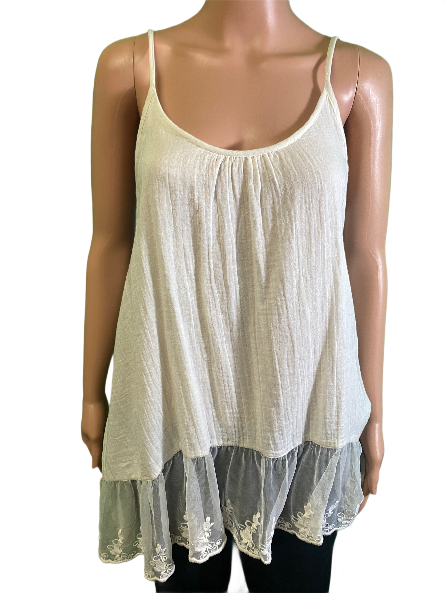 * Pleated w/ Wide Lace Hem - Paper Lace Tank