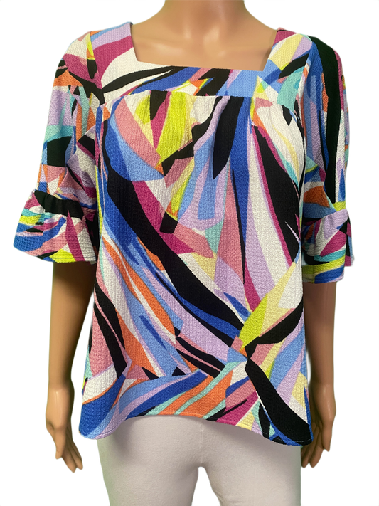 * Abstract Square-Neck Ruffle Sleeve - Pure Essence Top