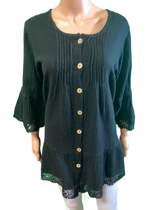 * American Gauze Pleat Button w/ Embroidery - Sea Breeze Top