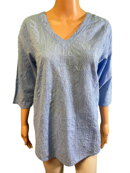* Embroidered Tapa V-Neck - Sea Breeze Top
