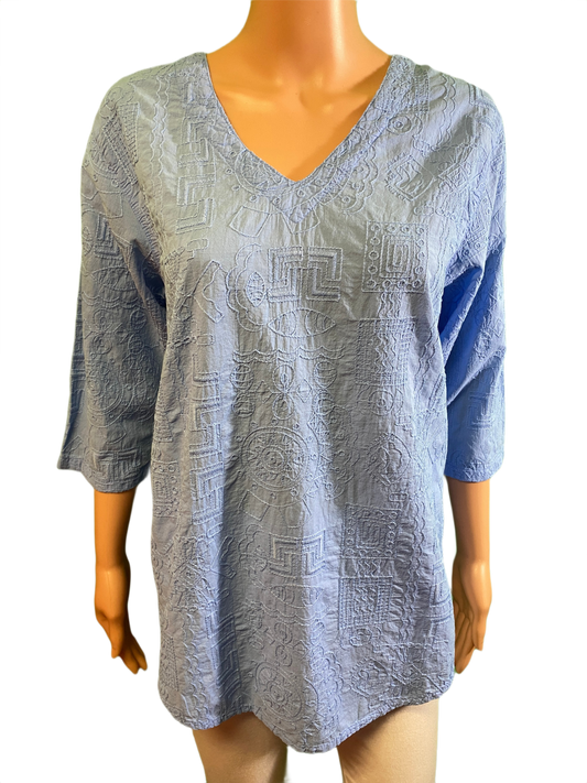 * Embroidered Tapa V-Neck - Sea Breeze Top