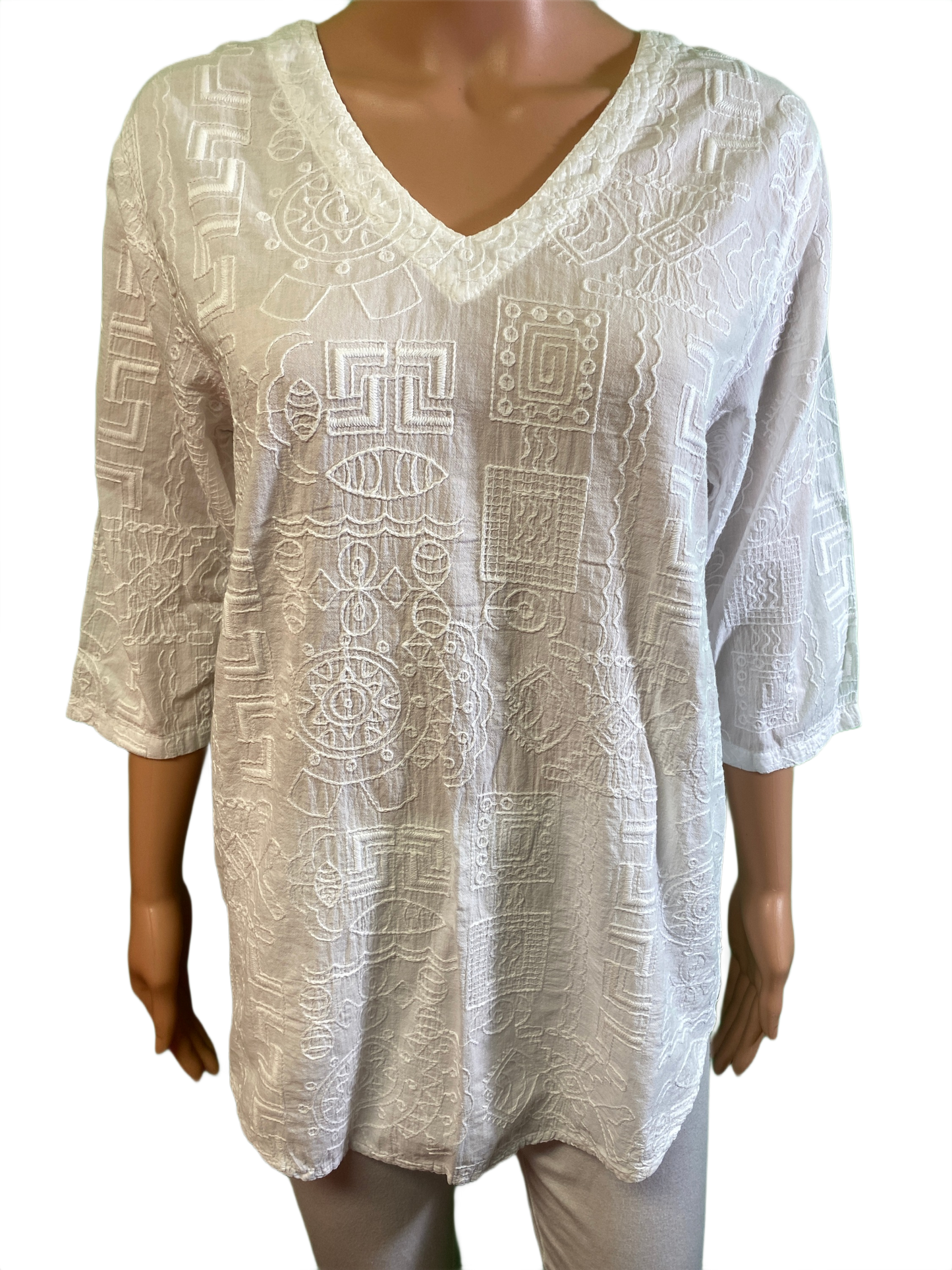 * Embroidered Tapa V-Neck - Sea Breeze Top