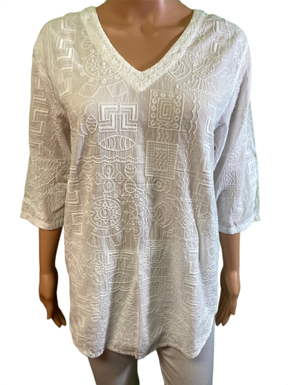 * Embroidered Tapa V-Neck - Sea Breeze Top
