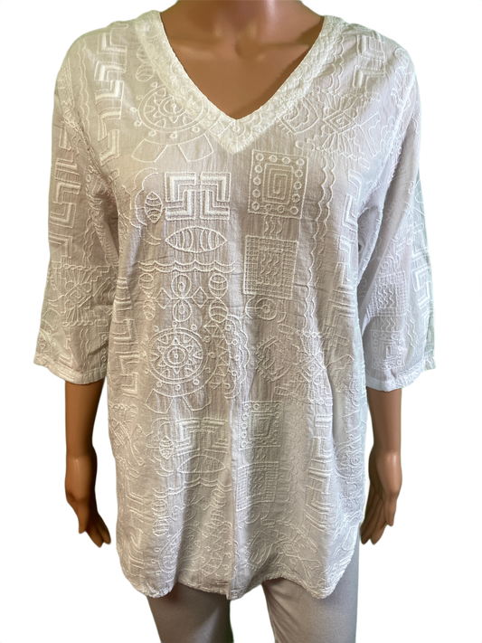 * Embroidered Tapa V-Neck - Sea Breeze Top