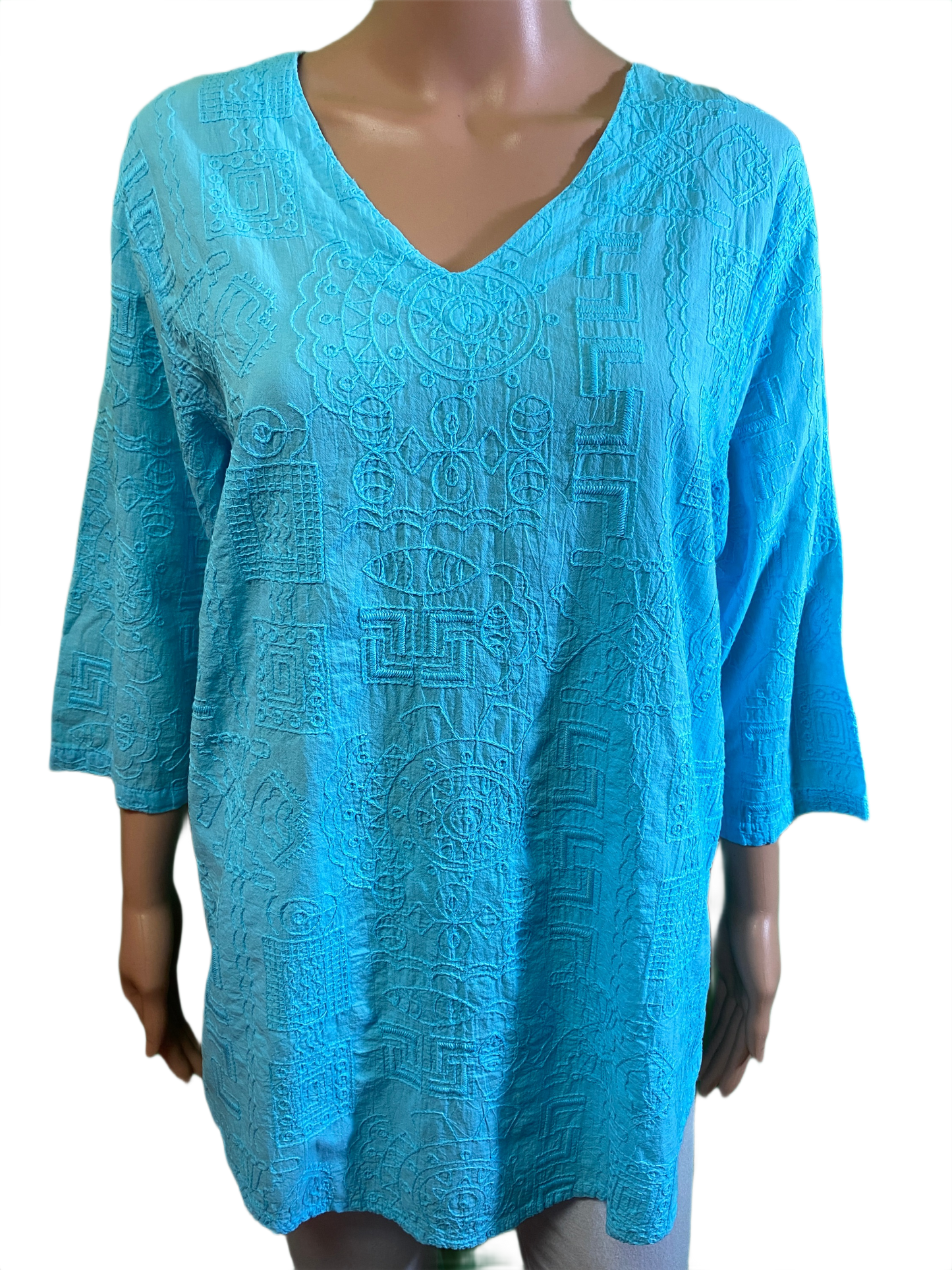 * Embroidered Tapa V-Neck - Sea Breeze Top