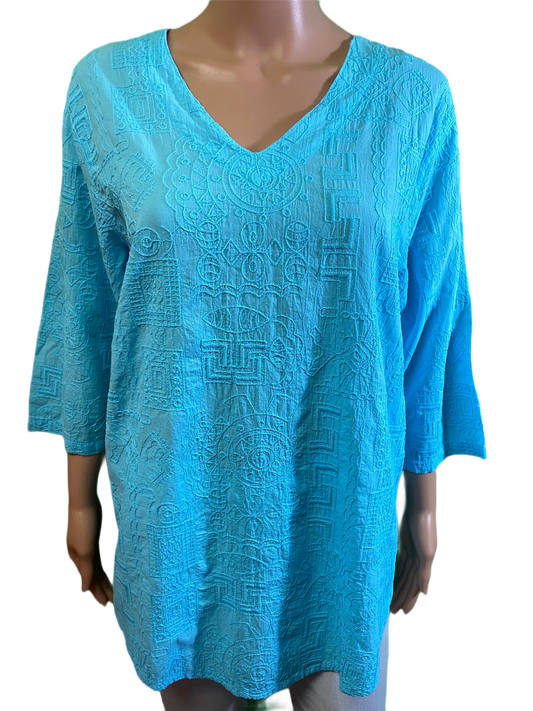 * Embroidered Tapa V-Neck - Sea Breeze Top