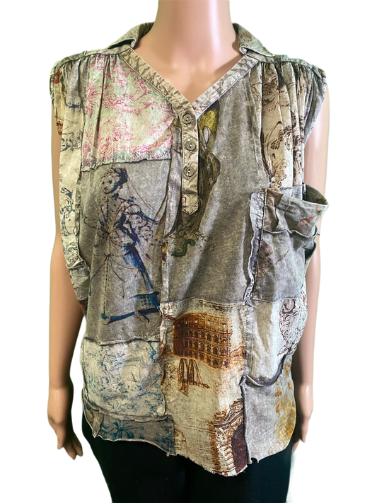 * Patchwork Printed Cap Sleeve - Paper Lace Top