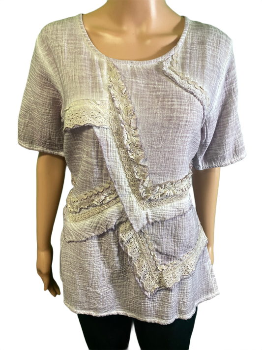 * Gauze Lace Short Sleeve w/ Patches - Paper Lace Top