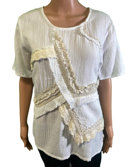 * Gauze Lace Short Sleeve w/ Patches - Paper Lace Top