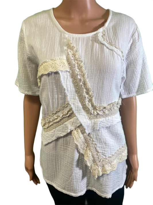 * Gauze Lace Short Sleeve w/ Patches - Paper Lace Top