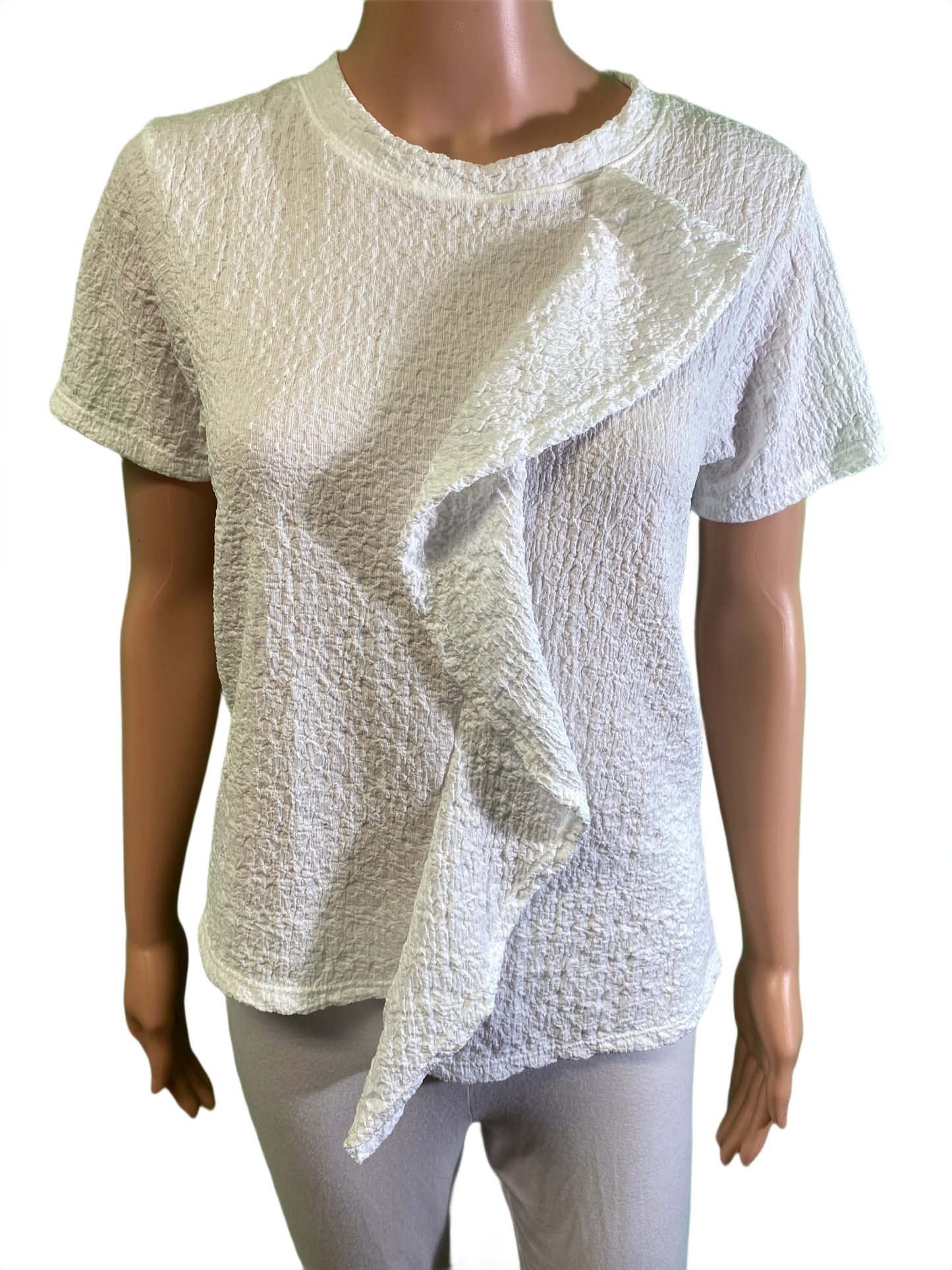 Short Sleeve Ruffle Waffle Crew Neck - Inoah Top