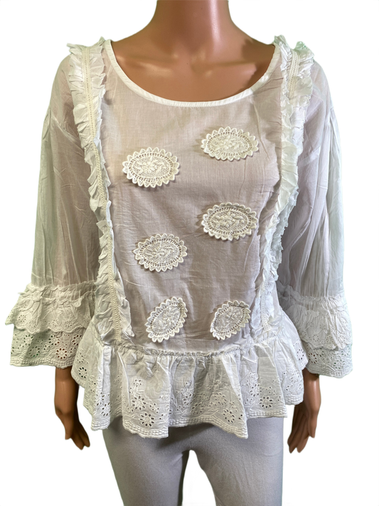 Blouse w/ Ruffles & Lace Patches - Paper Lace Top