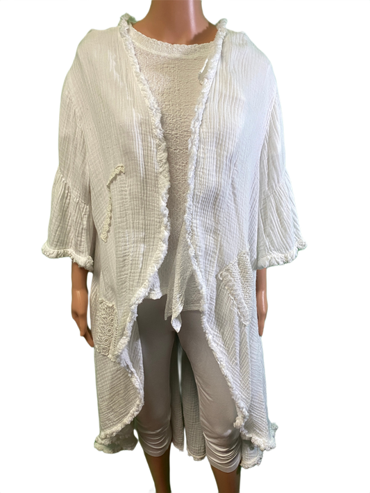Long Gauze Fringed Cardigan - Paper Lace Cardigan