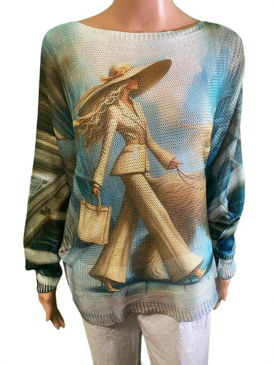 Blue Dog Round Knit Printed - LOOWIE Top