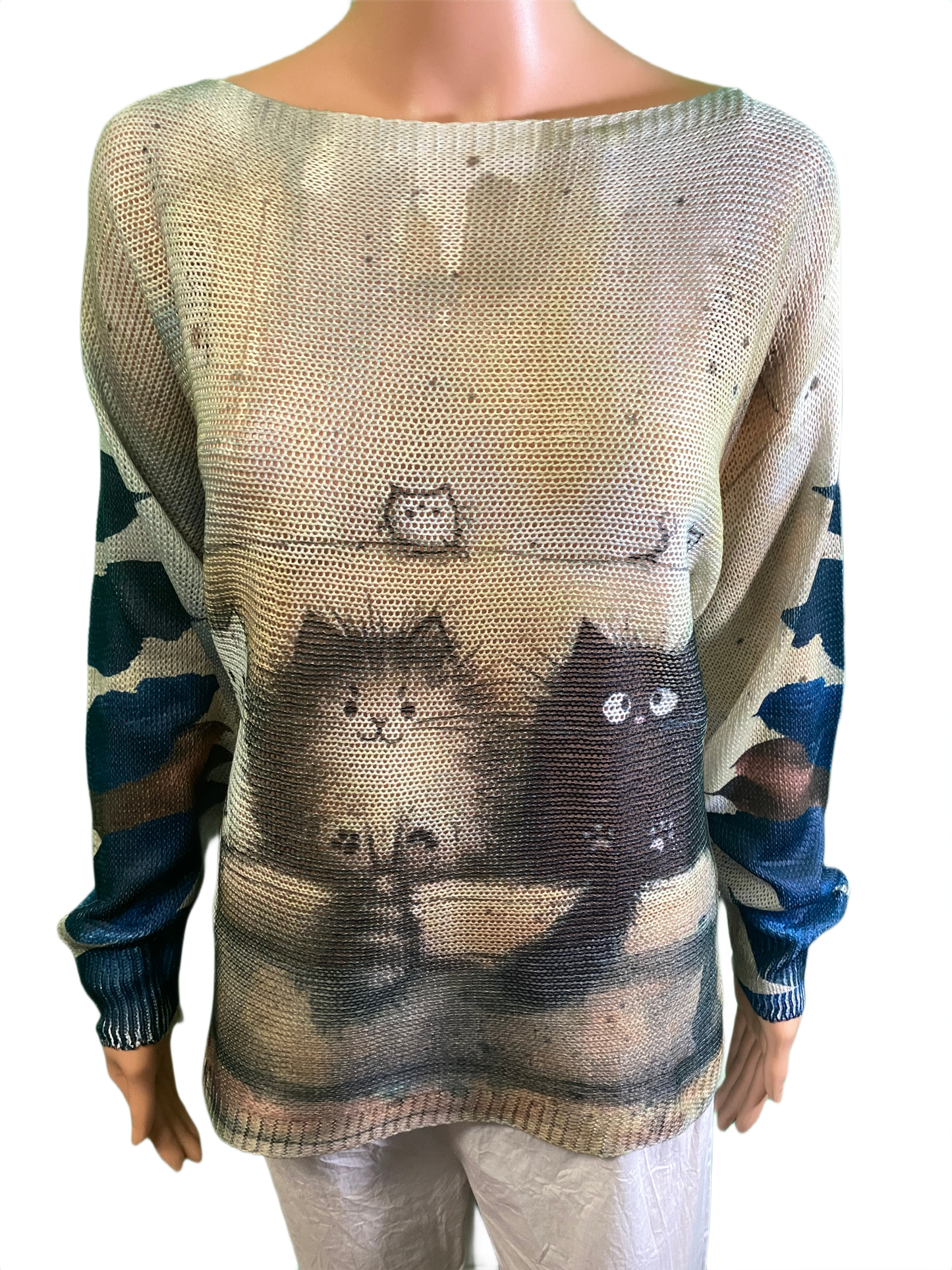 Black & Beige Cats Round Knit Printed - LOOWIE Top