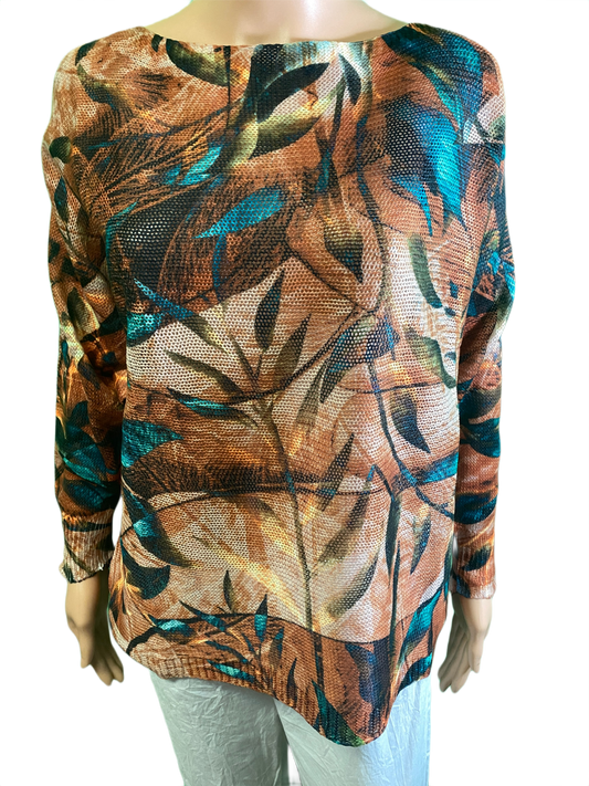 Rust Round Fall Neck Knit Printed - LOOWIE Top