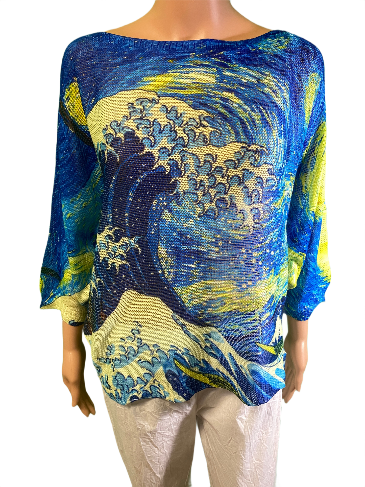 Italian Blue Yellow Waves Printed Knit - LOOWIE Top
