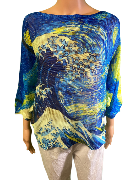 Italian Blue Yellow Waves Printed Knit - LOOWIE Top