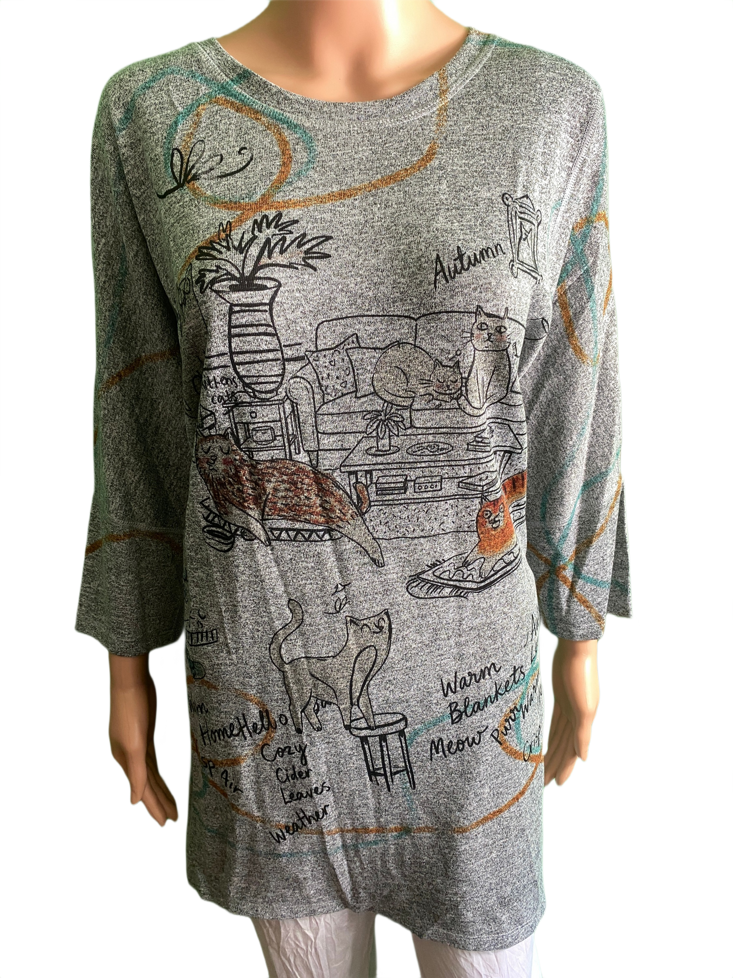 Purrfect Season Dropped 3/4 Sleeve Crew Neck - Inoah Top