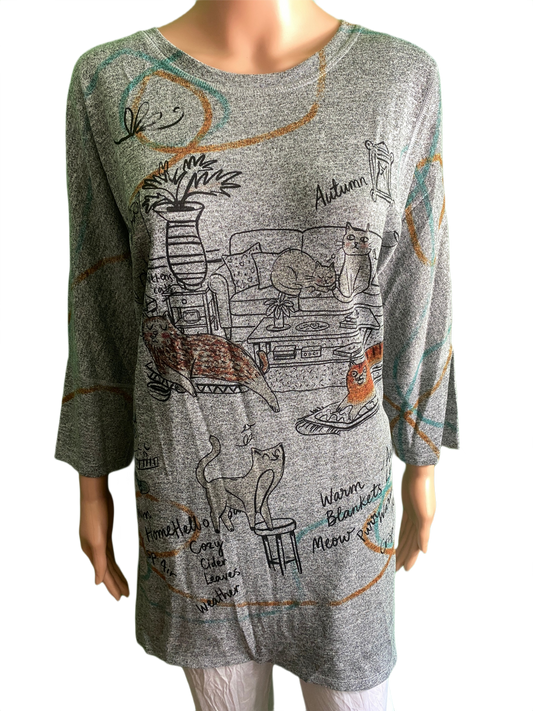 Purrfect Season Dropped 3/4 Sleeve Crew Neck - Inoah Top