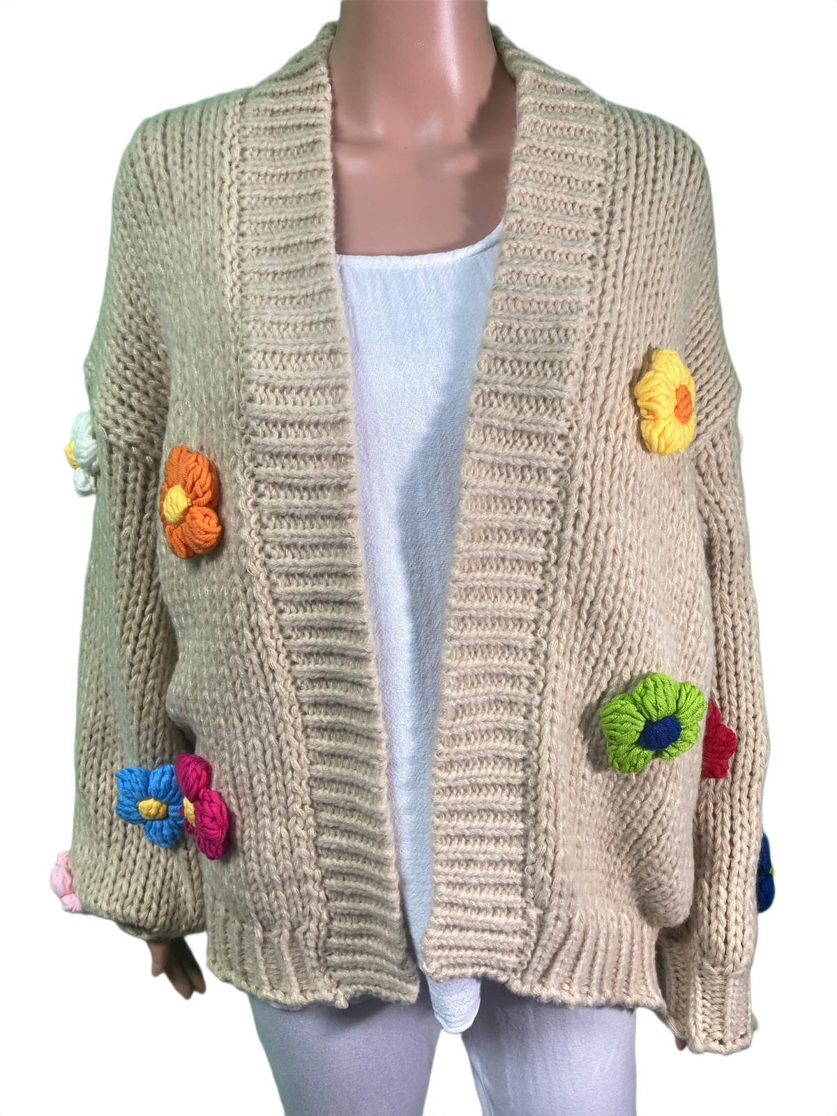 Oversized Crochet Flower Cardigan Sweater - Designer House Wrap