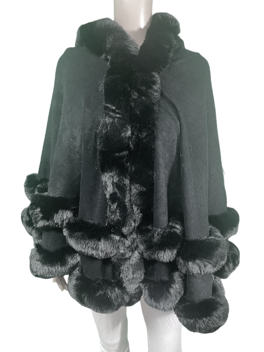 Hooded Fur Trim Cape Poncho - Designer House Sweater