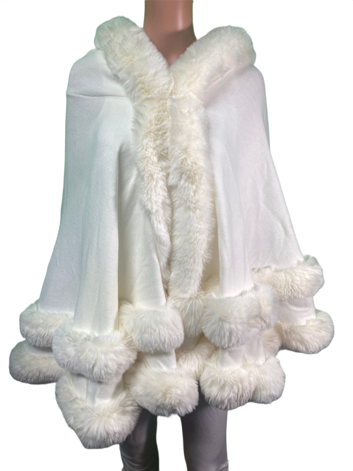 Faux Fur Trim Hooded Cape - Designer House Sweater