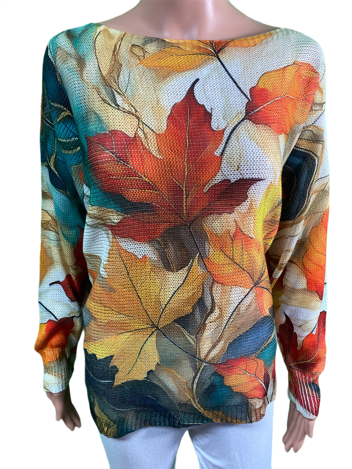 Cream Fall Leaves Round Neck Knit Printed - LOOWIE Top