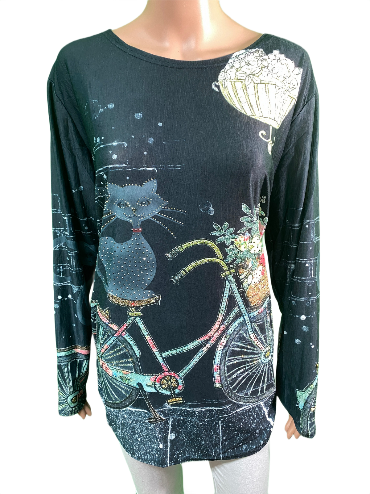 Cat on Bicycle Long Sleeve - Coronet Top