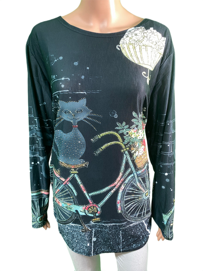 Cat on Bicycle Long Sleeve - Coronet Top