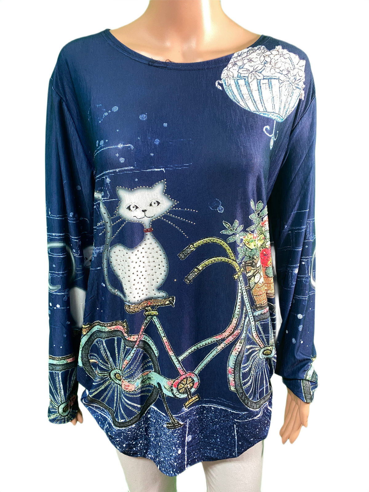 Cat on Bicycle Long Sleeve - Coronet Top