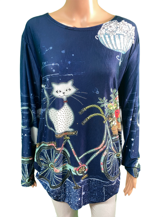 Cat on Bicycle Long Sleeve - Coronet Top
