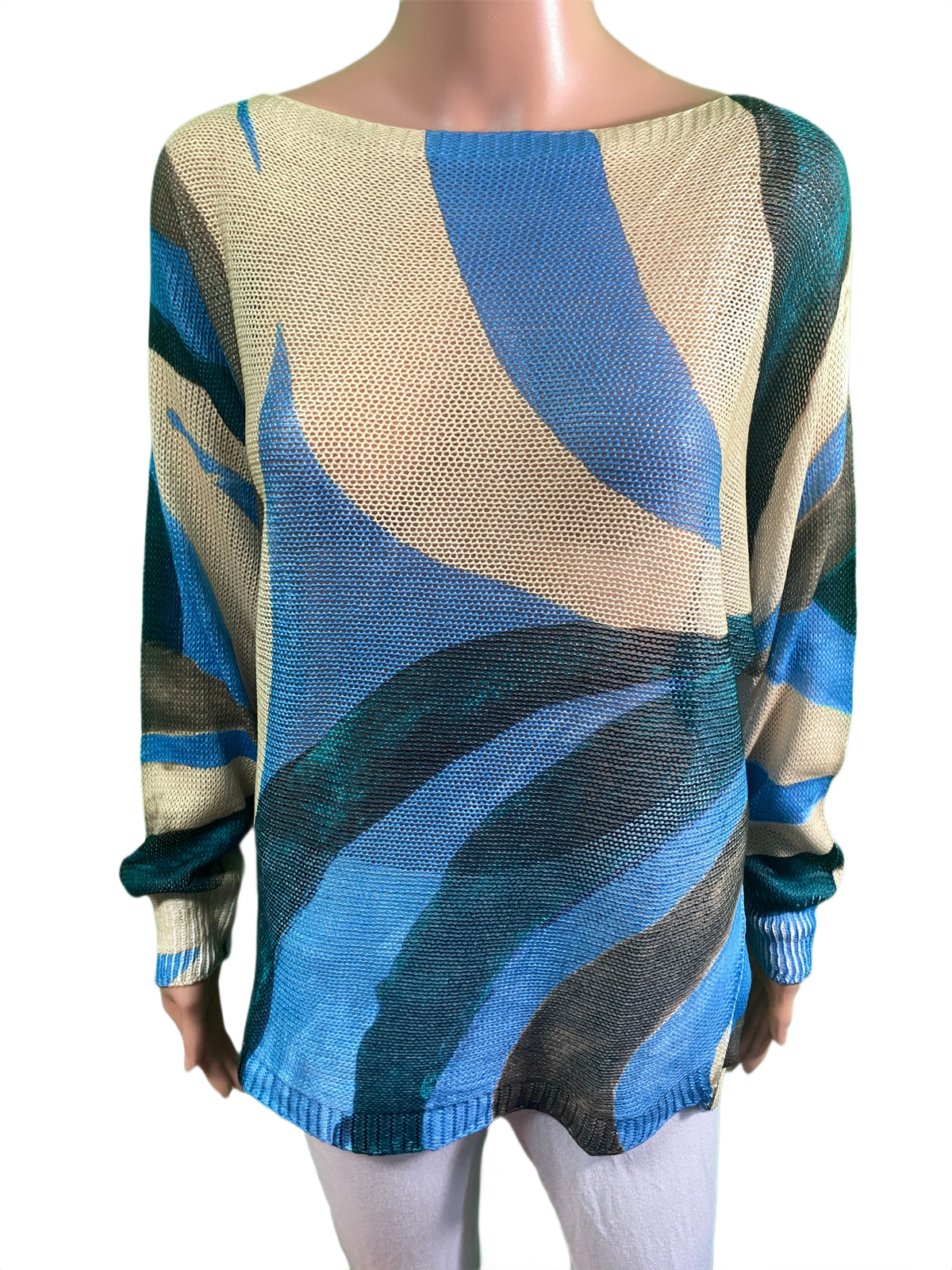 Blue Wavy Round Neck Knit Printed - LOOWIE Top