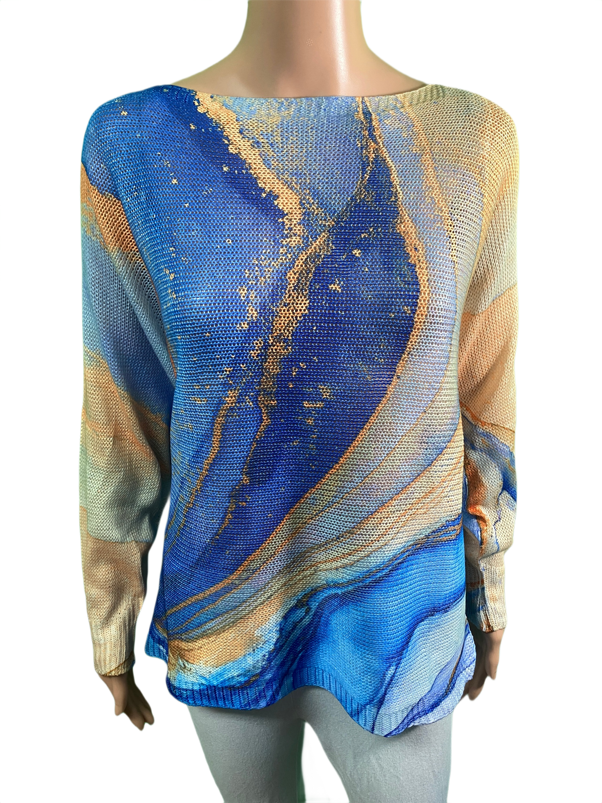 Tie-dye Royal Blue Round Knit Long Sleeves - LOOWIE Top
