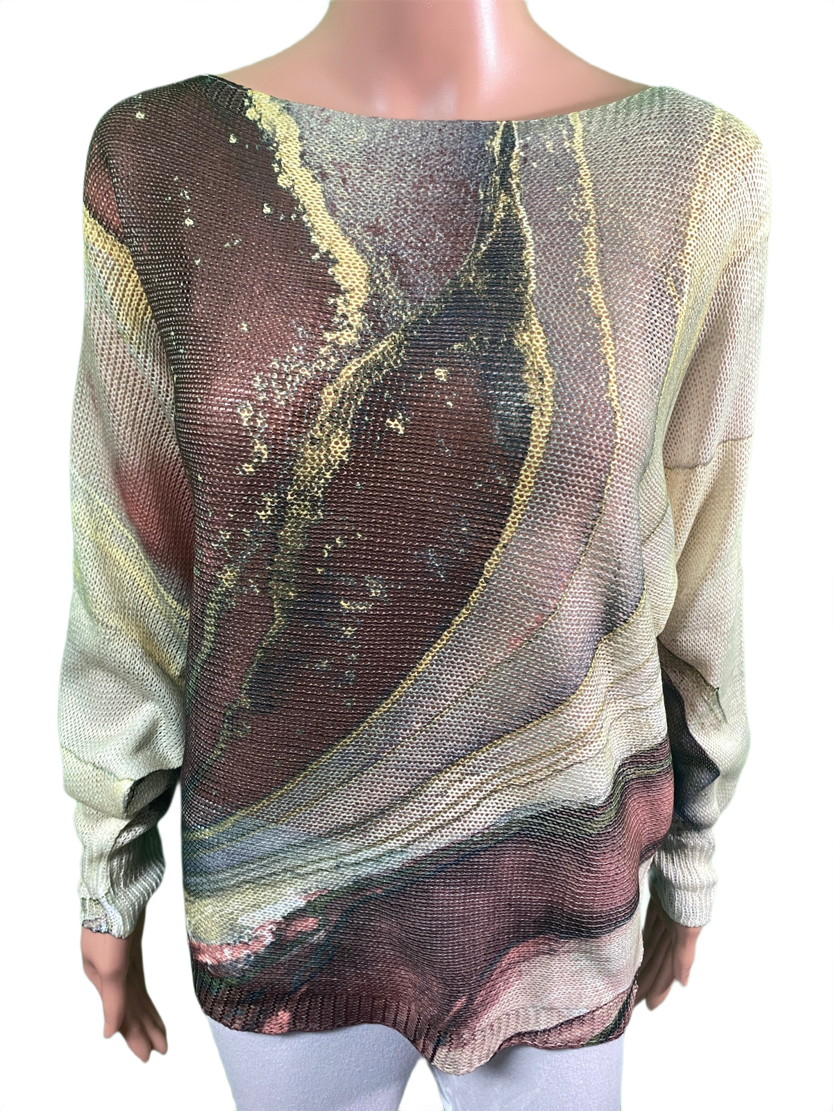 Brown Gold Tie-dye Round Neck Knit Printed - LOOWIE Top