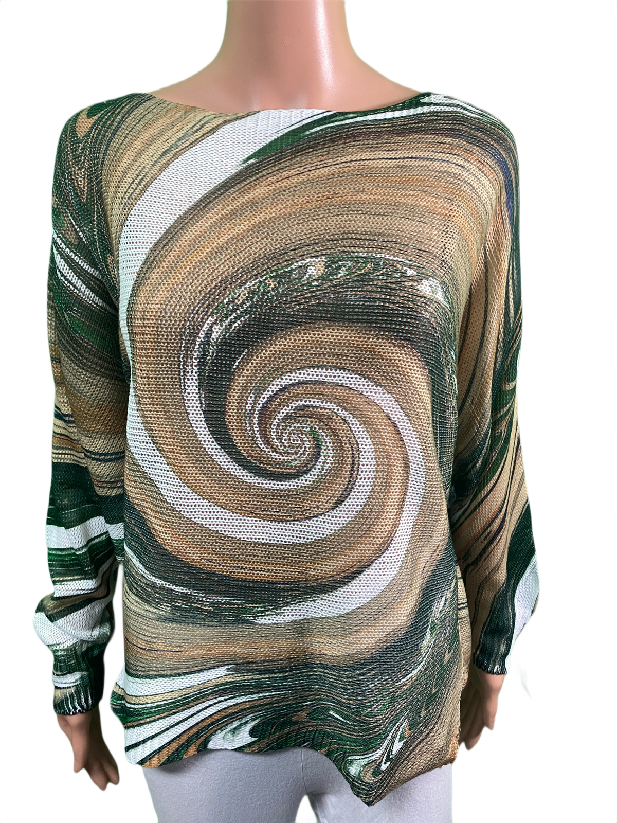 Olive Beige Spiral Round Knit Printed - LOOWIE Top
